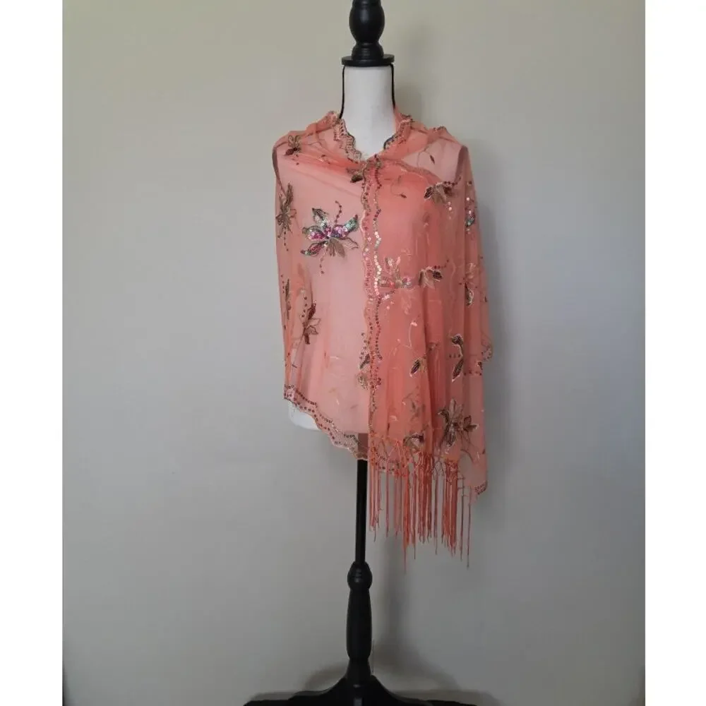 Stunning Embroidered Sequin Scalloped Mesh Fringed Shawl Scarf Coral
